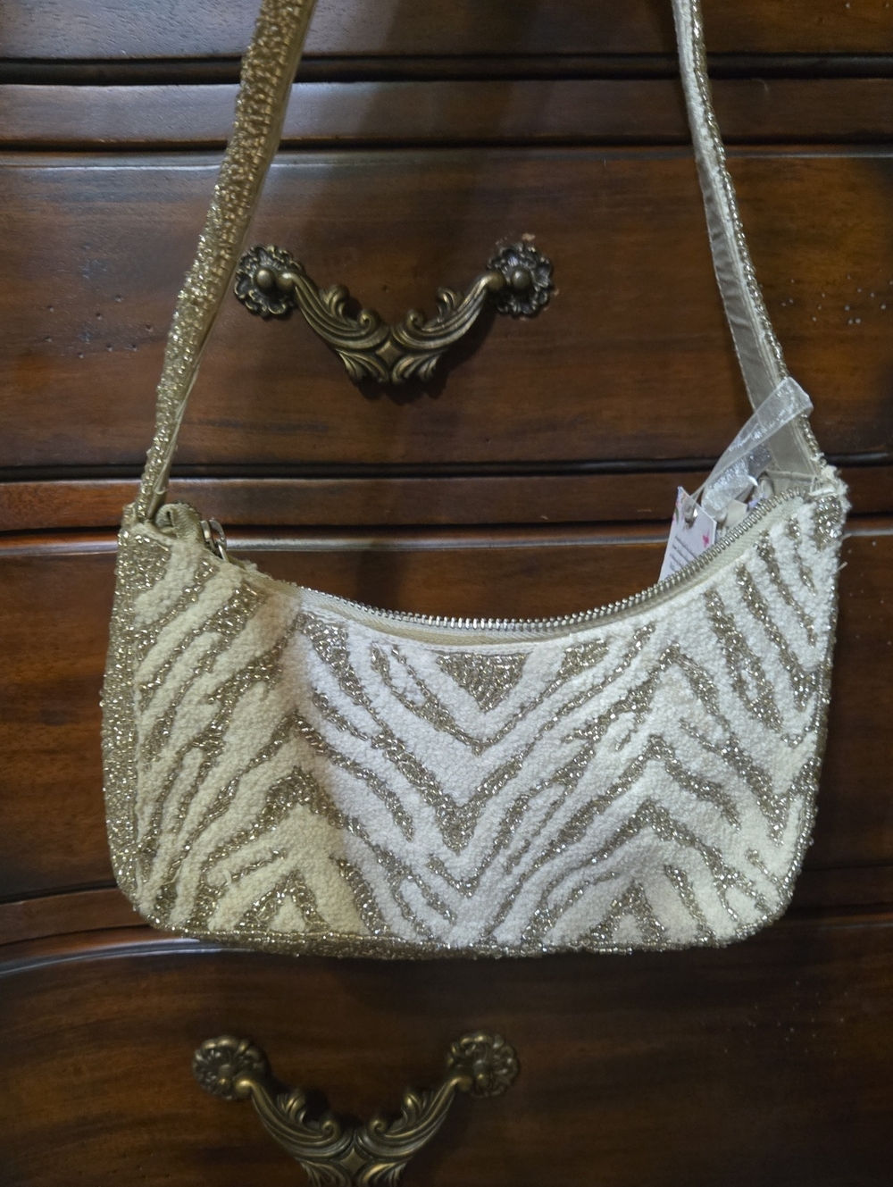 Beaded Tweed Zebra-Stripe Shoulder Bag in Silver Champagne